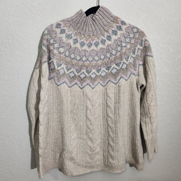 Chicos Sweater Mock Neck Fair Isle Cable Knit Large Chicos 2 Beige - Picture 1 of 12